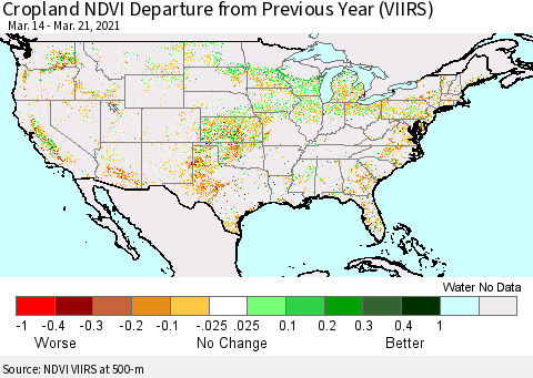 United States Cropland NDVI Departure from Previous Year (VIIRS) Thematic Map For 3/14/2021 - 3/21/2021