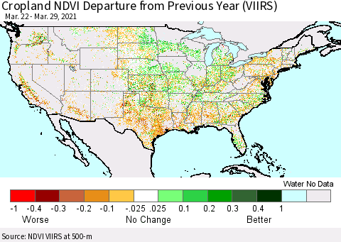 United States Cropland NDVI Departure from Previous Year (VIIRS) Thematic Map For 3/22/2021 - 3/29/2021