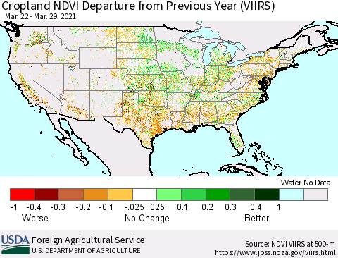United States Cropland NDVI Departure from Previous Year (VIIRS) Thematic Map For 3/21/2021 - 3/31/2021