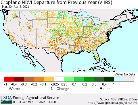 United States Cropland NDVI Departure from Previous Year (VIIRS) Thematic Map For 4/1/2021 - 4/10/2021