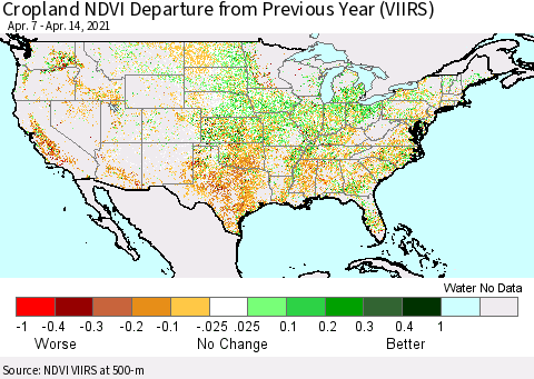 United States Cropland NDVI Departure from Previous Year (VIIRS) Thematic Map For 4/7/2021 - 4/14/2021