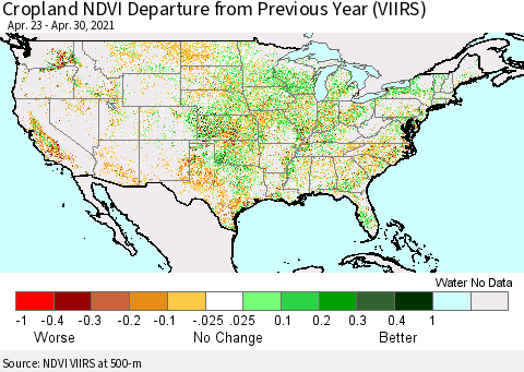 United States Cropland NDVI Departure from Previous Year (VIIRS) Thematic Map For 4/21/2021 - 4/30/2021