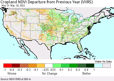 United States Cropland NDVI Departure from Previous Year (VIIRS) Thematic Map For 5/9/2021 - 5/16/2021