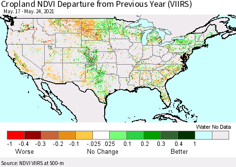 United States Cropland NDVI Departure from Previous Year (VIIRS) Thematic Map For 5/17/2021 - 5/24/2021
