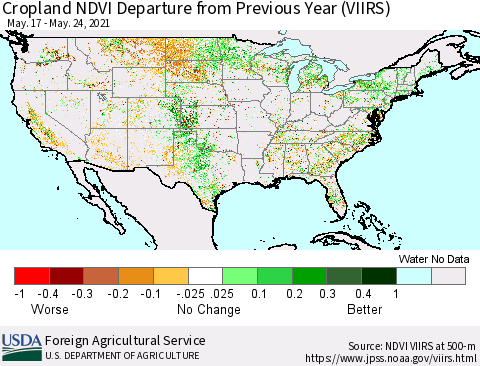 United States Cropland NDVI Departure from Previous Year (VIIRS) Thematic Map For 5/21/2021 - 5/31/2021