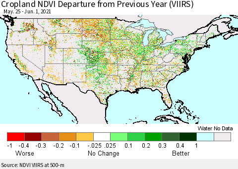 United States Cropland NDVI Departure from Previous Year (VIIRS) Thematic Map For 5/25/2021 - 6/1/2021
