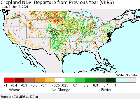 United States Cropland NDVI Departure from Previous Year (VIIRS) Thematic Map For 6/2/2021 - 6/9/2021