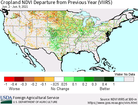 United States Cropland NDVI Departure from Previous Year (VIIRS) Thematic Map For 6/1/2021 - 6/10/2021