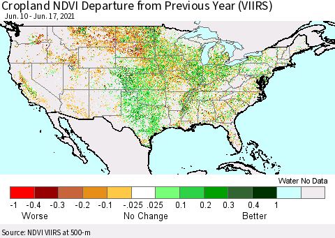 United States Cropland NDVI Departure from Previous Year (VIIRS) Thematic Map For 6/10/2021 - 6/17/2021
