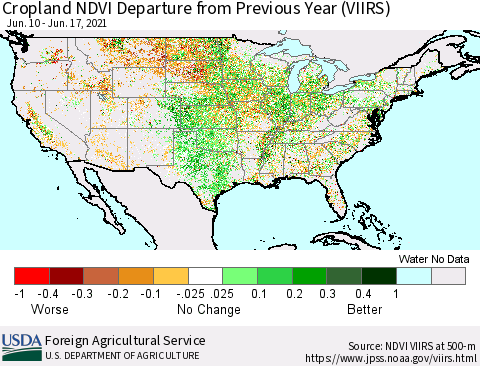 United States Cropland NDVI Departure from Previous Year (VIIRS) Thematic Map For 6/11/2021 - 6/20/2021