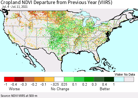 United States Cropland NDVI Departure from Previous Year (VIIRS) Thematic Map For 7/4/2021 - 7/11/2021