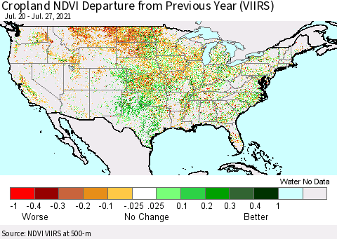 United States Cropland NDVI Departure from Previous Year (VIIRS) Thematic Map For 7/20/2021 - 7/27/2021