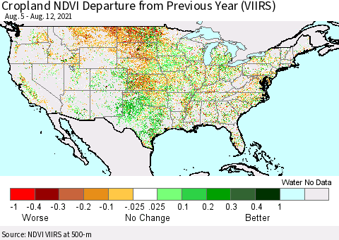 United States Cropland NDVI Departure from Previous Year (VIIRS) Thematic Map For 8/5/2021 - 8/12/2021