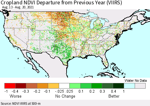 United States Cropland NDVI Departure from Previous Year (VIIRS) Thematic Map For 8/13/2021 - 8/20/2021