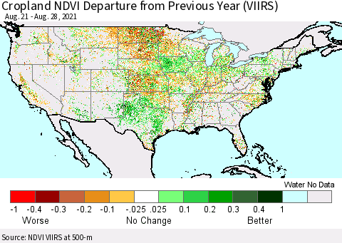 United States Cropland NDVI Departure from Previous Year (VIIRS) Thematic Map For 8/21/2021 - 8/28/2021
