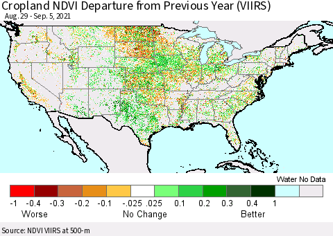 United States Cropland NDVI Departure from Previous Year (VIIRS) Thematic Map For 8/29/2021 - 9/5/2021