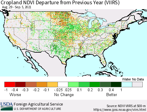 United States Cropland NDVI Departure from Previous Year (VIIRS) Thematic Map For 9/1/2021 - 9/10/2021