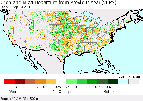 United States Cropland NDVI Departure from Previous Year (VIIRS) Thematic Map For 9/6/2021 - 9/13/2021