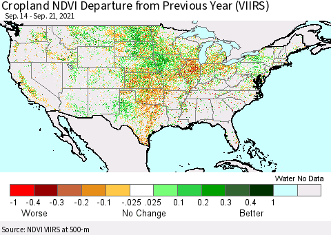 United States Cropland NDVI Departure from Previous Year (VIIRS) Thematic Map For 9/14/2021 - 9/21/2021