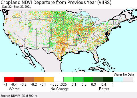 United States Cropland NDVI Departure from Previous Year (VIIRS) Thematic Map For 9/22/2021 - 9/29/2021