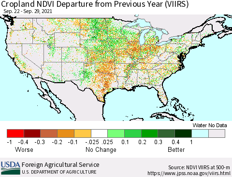 United States Cropland NDVI Departure from Previous Year (VIIRS) Thematic Map For 9/21/2021 - 9/30/2021
