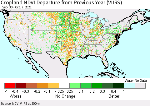 United States Cropland NDVI Departure from Previous Year (VIIRS) Thematic Map For 9/30/2021 - 10/7/2021
