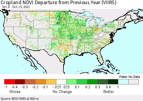 United States Cropland NDVI Departure from Previous Year (VIIRS) Thematic Map For 10/8/2021 - 10/15/2021