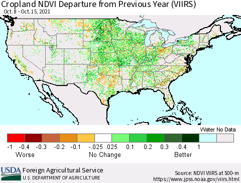 United States Cropland NDVI Departure from Previous Year (VIIRS) Thematic Map For 10/11/2021 - 10/20/2021