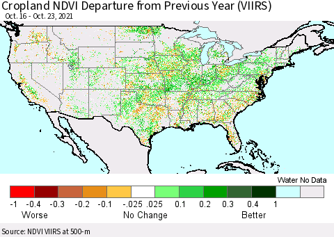 United States Cropland NDVI Departure from Previous Year (VIIRS) Thematic Map For 10/16/2021 - 10/23/2021