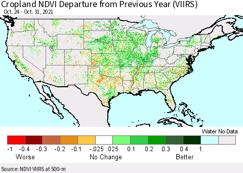 United States Cropland NDVI Departure from Previous Year (VIIRS) Thematic Map For 10/21/2021 - 10/31/2021