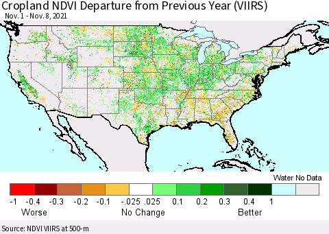 United States Cropland NDVI Departure from Previous Year (VIIRS) Thematic Map For 11/1/2021 - 11/8/2021