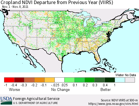 United States Cropland NDVI Departure from Previous Year (VIIRS) Thematic Map For 11/1/2021 - 11/10/2021