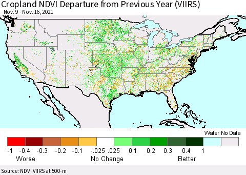 United States Cropland NDVI Departure from Previous Year (VIIRS) Thematic Map For 11/9/2021 - 11/16/2021