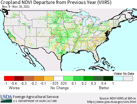 United States Cropland NDVI Departure from Previous Year (VIIRS) Thematic Map For 11/11/2021 - 11/20/2021