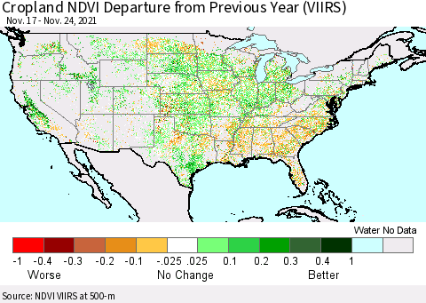 United States Cropland NDVI Departure from Previous Year (VIIRS) Thematic Map For 11/17/2021 - 11/24/2021