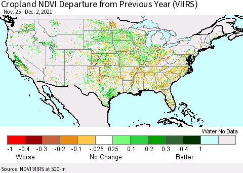 United States Cropland NDVI Departure from Previous Year (VIIRS) Thematic Map For 11/25/2021 - 12/2/2021