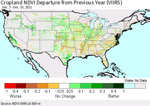 United States Cropland NDVI Departure from Previous Year (VIIRS) Thematic Map For 12/1/2021 - 12/10/2021