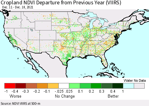 United States Cropland NDVI Departure from Previous Year (VIIRS) Thematic Map For 12/11/2021 - 12/18/2021