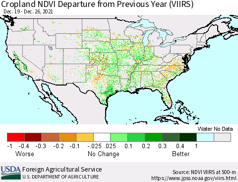 United States Cropland NDVI Departure from Previous Year (VIIRS) Thematic Map For 12/21/2021 - 12/31/2021