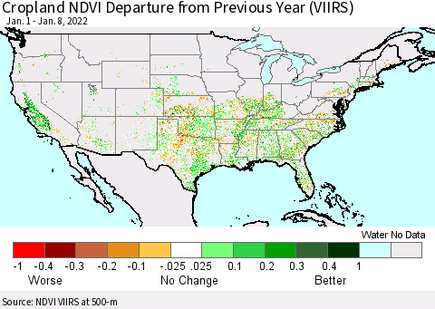 United States Cropland NDVI Departure from Previous Year (VIIRS) Thematic Map For 1/1/2022 - 1/8/2022