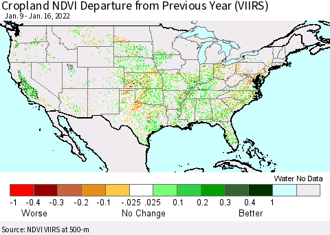 United States Cropland NDVI Departure from Previous Year (VIIRS) Thematic Map For 1/9/2022 - 1/16/2022