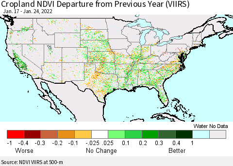 United States Cropland NDVI Departure from Previous Year (VIIRS) Thematic Map For 1/17/2022 - 1/24/2022