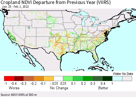 United States Cropland NDVI Departure from Previous Year (VIIRS) Thematic Map For 1/25/2022 - 2/1/2022