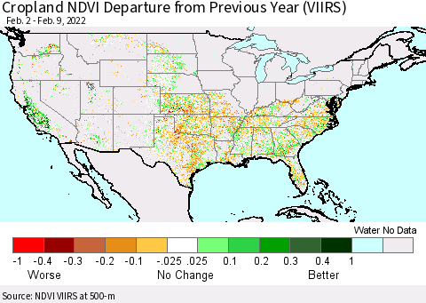 United States Cropland NDVI Departure from Previous Year (VIIRS) Thematic Map For 2/2/2022 - 2/9/2022
