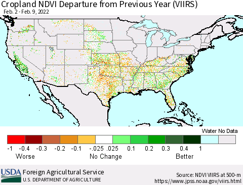 United States Cropland NDVI Departure from Previous Year (VIIRS) Thematic Map For 2/1/2022 - 2/10/2022