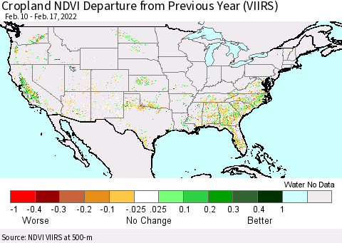 United States Cropland NDVI Departure from Previous Year (VIIRS) Thematic Map For 2/10/2022 - 2/17/2022