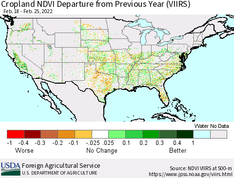 United States Cropland NDVI Departure from Previous Year (VIIRS) Thematic Map For 2/21/2022 - 2/28/2022