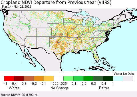 United States Cropland NDVI Departure from Previous Year (VIIRS) Thematic Map For 3/14/2022 - 3/21/2022
