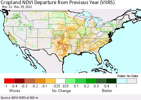 United States Cropland NDVI Departure from Previous Year (VIIRS) Thematic Map For 3/22/2022 - 3/29/2022