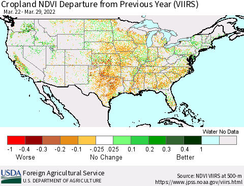 United States Cropland NDVI Departure from Previous Year (VIIRS) Thematic Map For 3/21/2022 - 3/31/2022